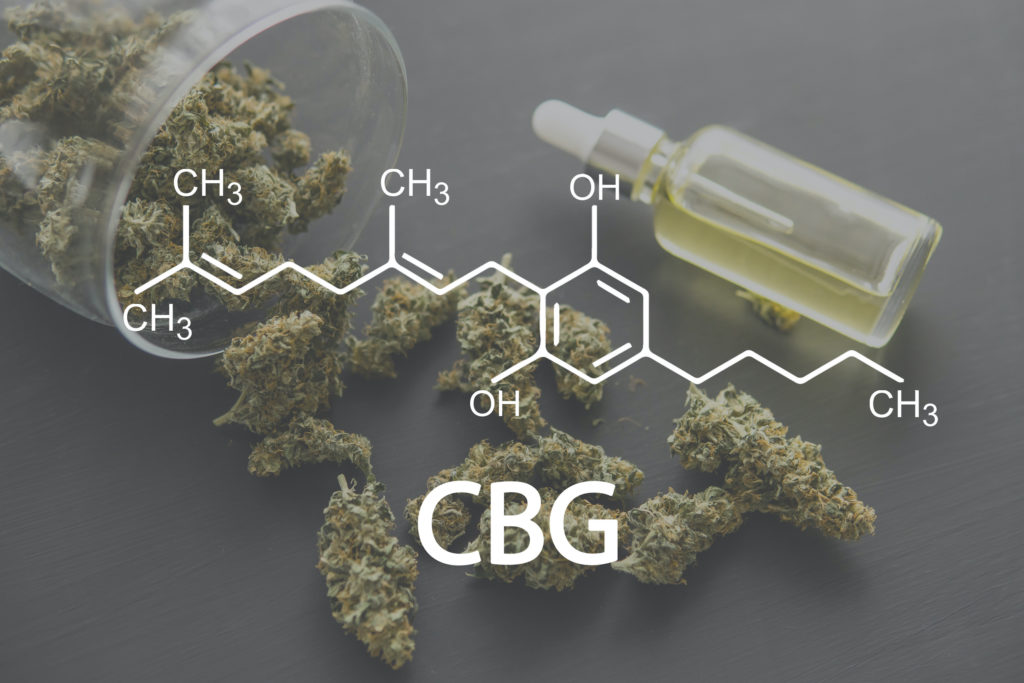CBG Cannabis plants chemical formula with the cannabigerol molecule