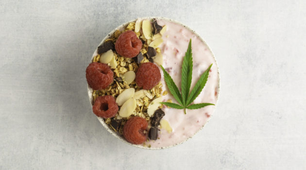 Cannabis infused fruit smoothie with CBD oil for a relaxing healthy, natural, breakfast, lunch or snack made with granola and berries