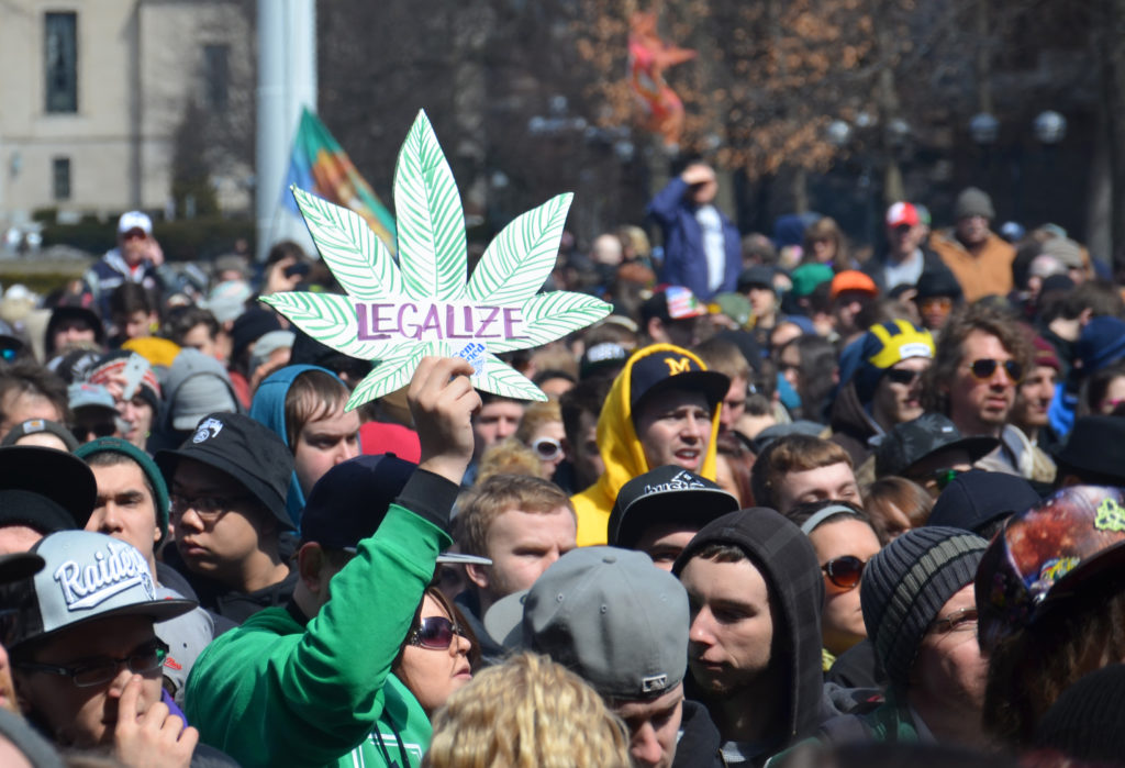 ANN ARBOR, MI - APRIL 5: A participant holds up a sign at the 43rd annual Hash Bash rally in Ann Arbor, MI
